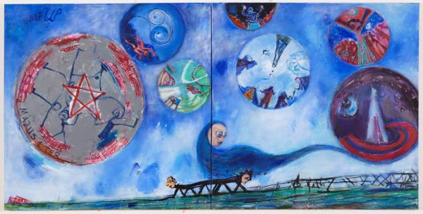 Ujházi Péter: Fehérvári ég, rég (2017-2019, akril, vászon, 100x200 cm)